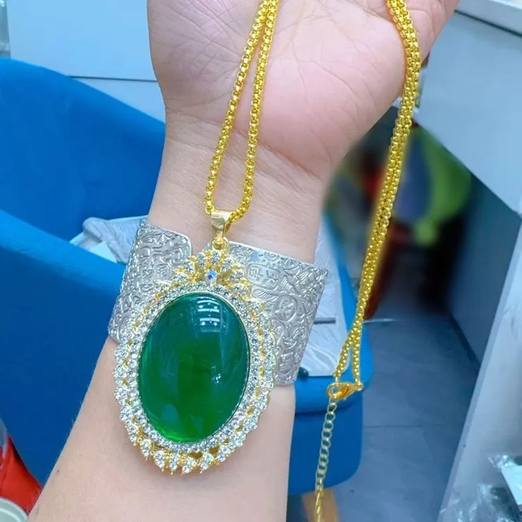 铜合金项链 霸气款大圆版绿色项链毛衣链项链