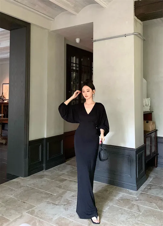 气质纯欲V领收腰显瘦修身连衣裙黑色裙子长款短款婚纱照#22754