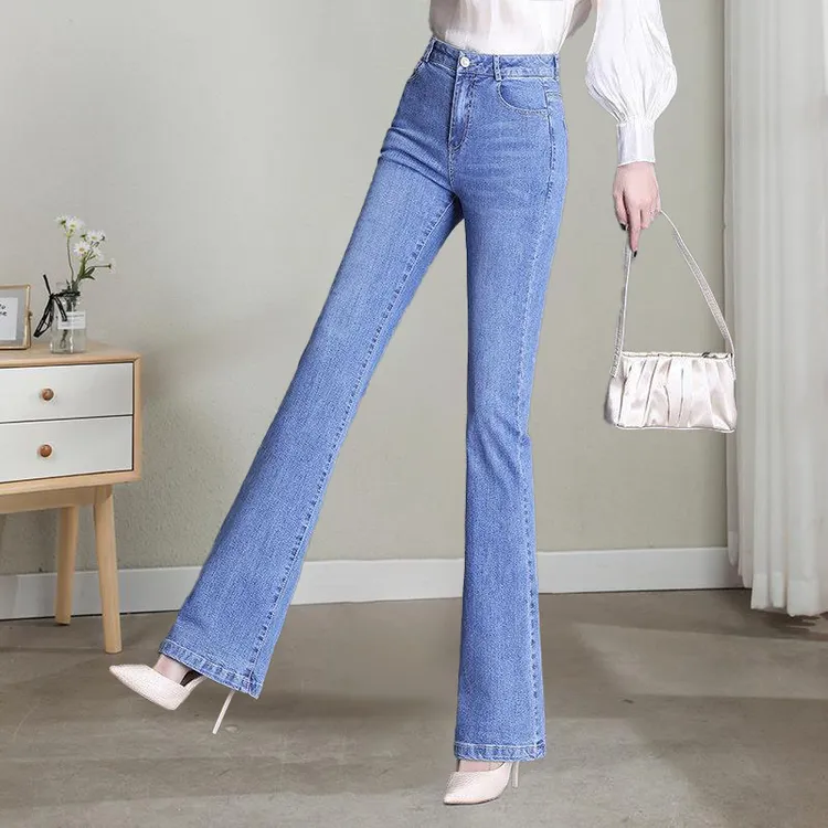春季新款微喇牛仔裤女款高腰女士弹力修身显瘦裤子休闲直筒喇叭裤