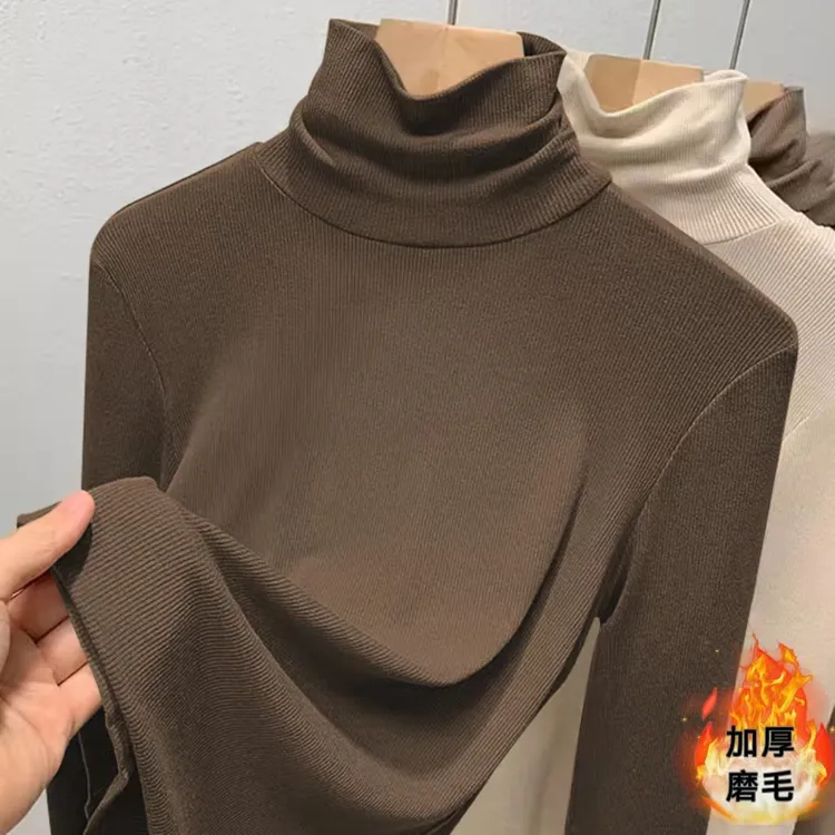 莫代尔棉秋冬大码薄绒磨毛高领打底衫女修身T恤保暖长袖内搭上衣
