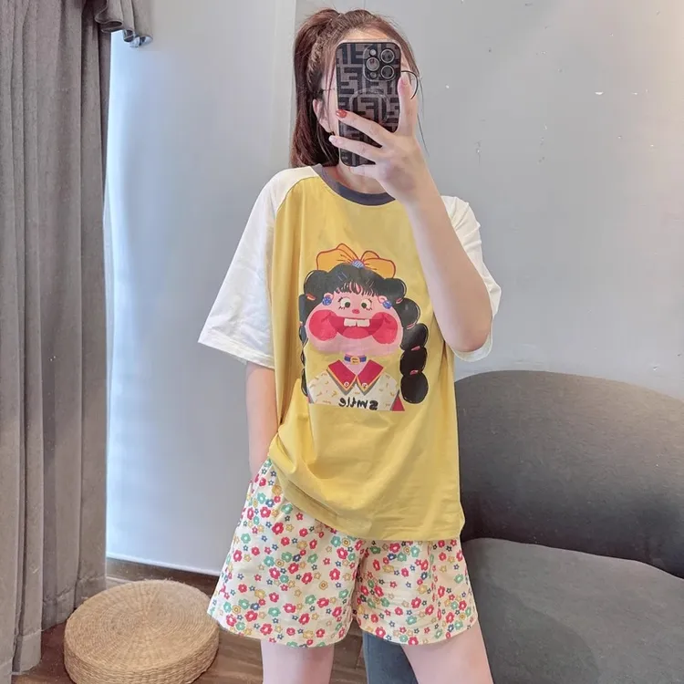 夏季新款可爱卡通大牙女孩短袖短裤莫代尔睡衣女圆领家居服两件套