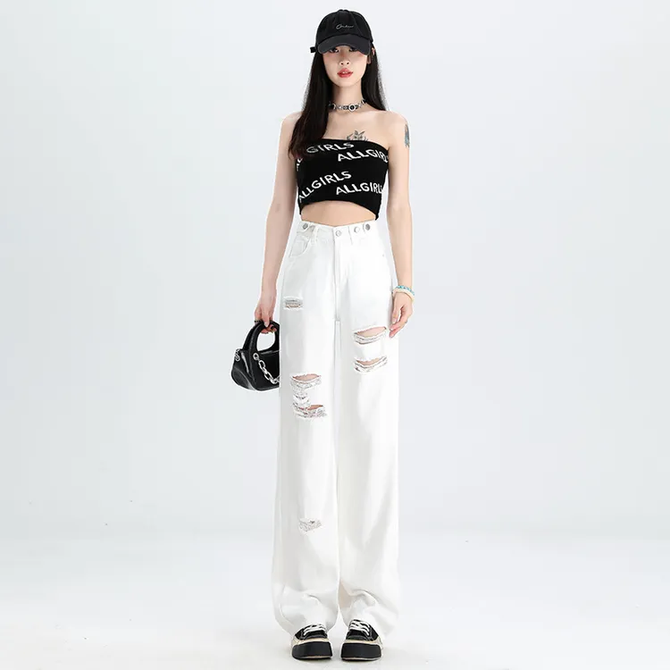 美式高街复古破洞牛仔裤女秋季新款宽松直筒拖地裤老爹裤子