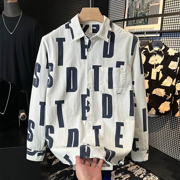 DBXB早秋潮牌字母印花长袖衬衫男士港风潮流简约百搭休闲衬衣外套