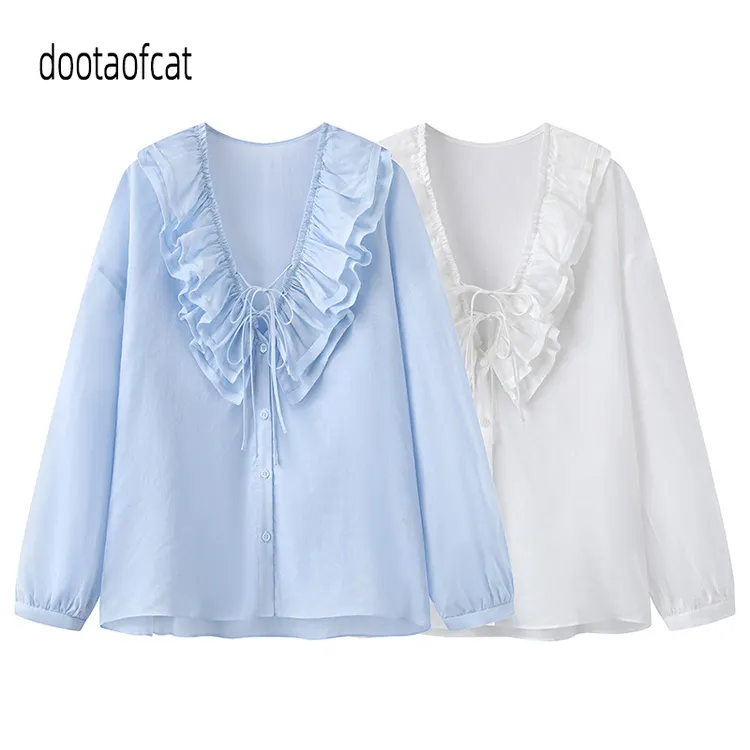 2025夏季新款宽松甜美浪漫清新荷叶边V领薄款长袖衬衫上衣3J2C402