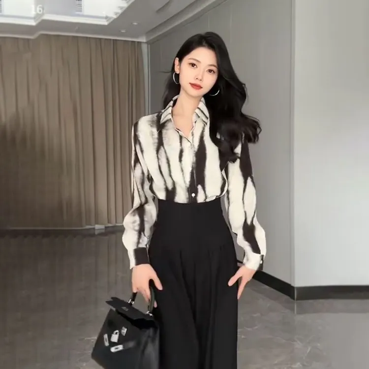 遮肉高腰阔腿裤直筒裤长袖上衣春秋御姐一整套衬衫两件套收腰长裤