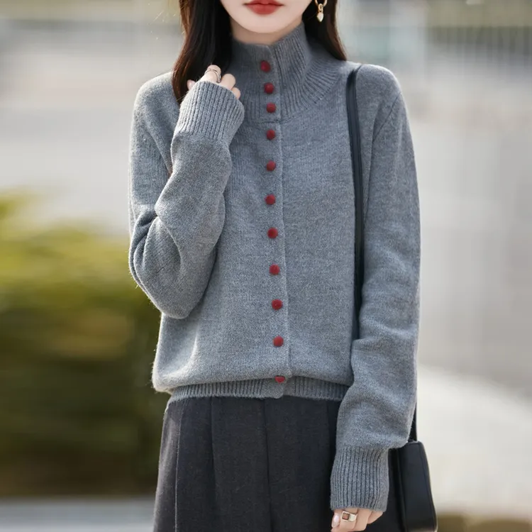 时尚品牌新款女装秋冬韩版宽松时尚立领羊毛开衫百搭保暖毛衣外套