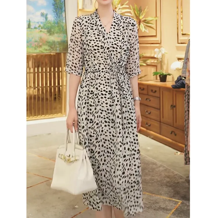 【堇兰桑蚕丝】春夏气质真丝裙印花收腰桑蚕丝连衣裙女YYQ22-964