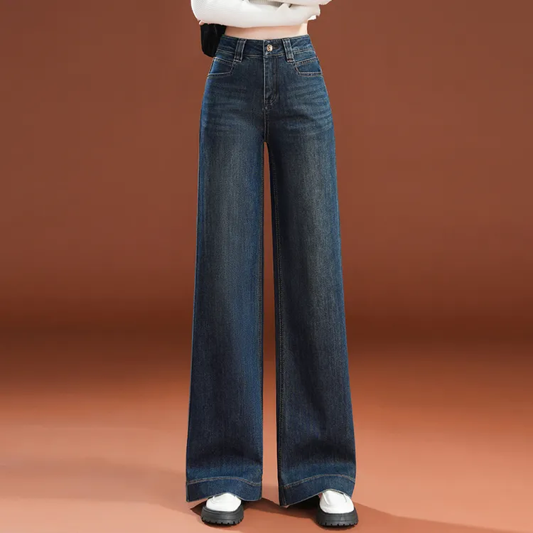 复古蓝阔腿牛仔裤女秋冬2025新款高腰显瘦宽松加绒加厚休闲直筒裤