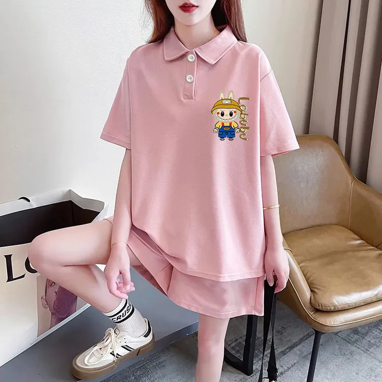 女童儿童POLO领短袖短裤套装夏季宽松粉色小猫休闲运动风穿搭童装