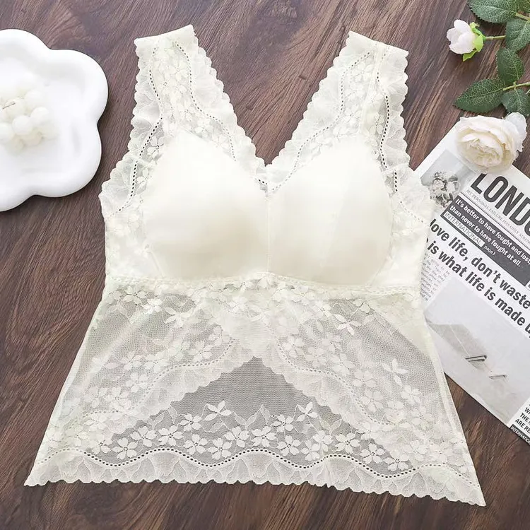 ES.南油原创秋冬蕾丝美背吊带背心文胸一体式带胸垫聚拢打底衫