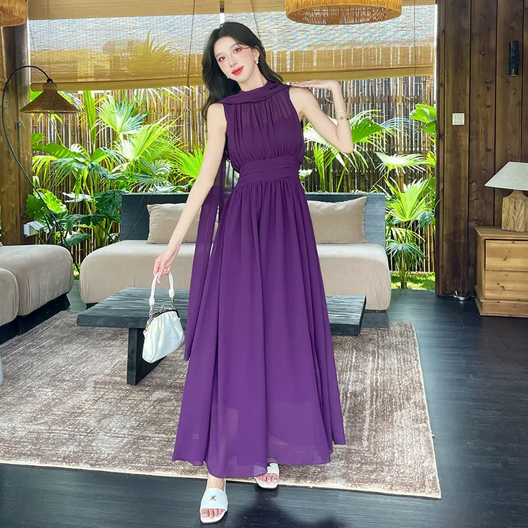 2025夏季法式洋气新款时尚网红不规则飘逸长裙显瘦收腰无袖连衣裙