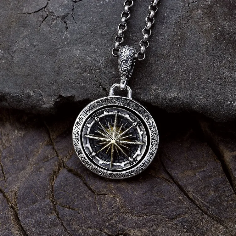 坠链均925银 潮流转动六星芒吊坠男女个性做旧纯银唐草纹挂坠项链