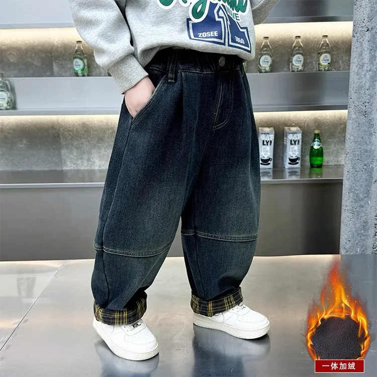 男童加绒牛仔裤2025新款帅宝宝一体绒长裤小男孩儿童秋冬加厚裤子