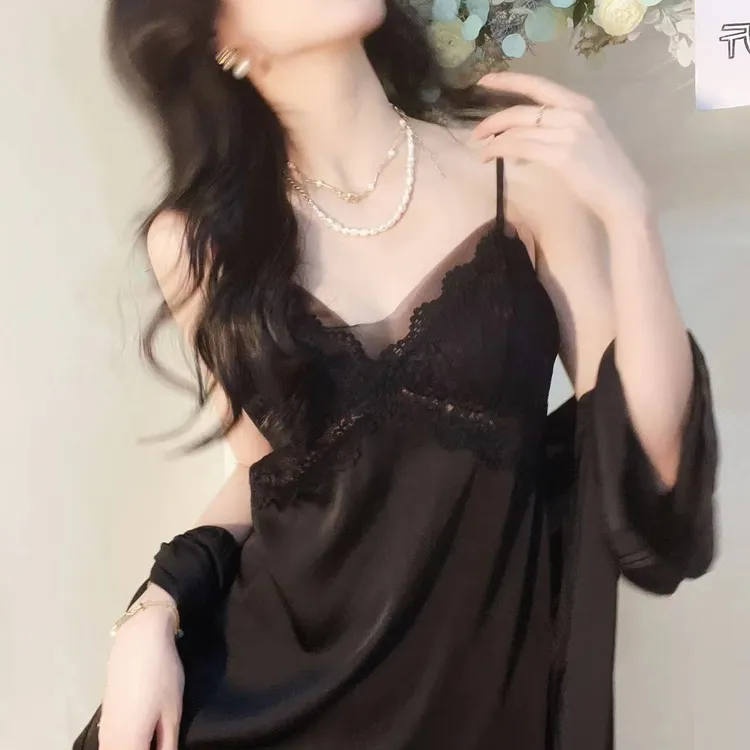 春款蕾丝网纱冰丝睡裙美背纯欲睡衣吊带性感家居服现货