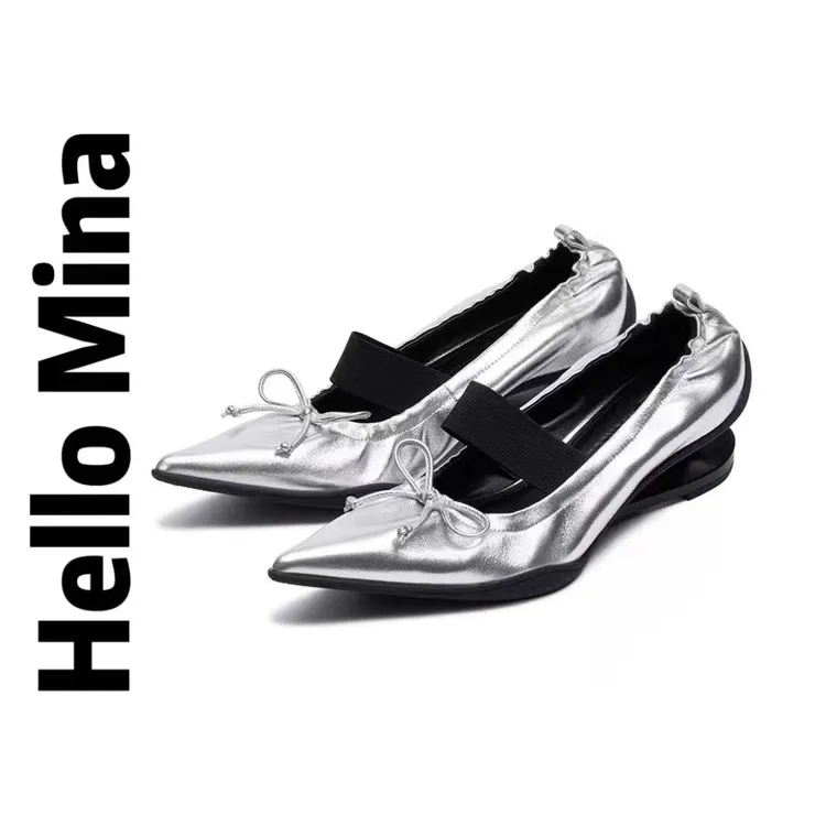 米娜同款~韩系银色尖头玛丽珍鞋气质坡跟百搭时装单鞋轻便好穿女