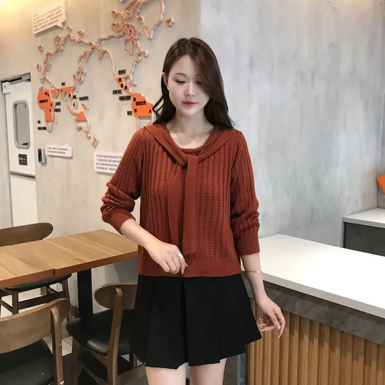 小香风套头白色圆领坑条毛衣女春秋穿搭短款慵懒风针织衫薄款上衣