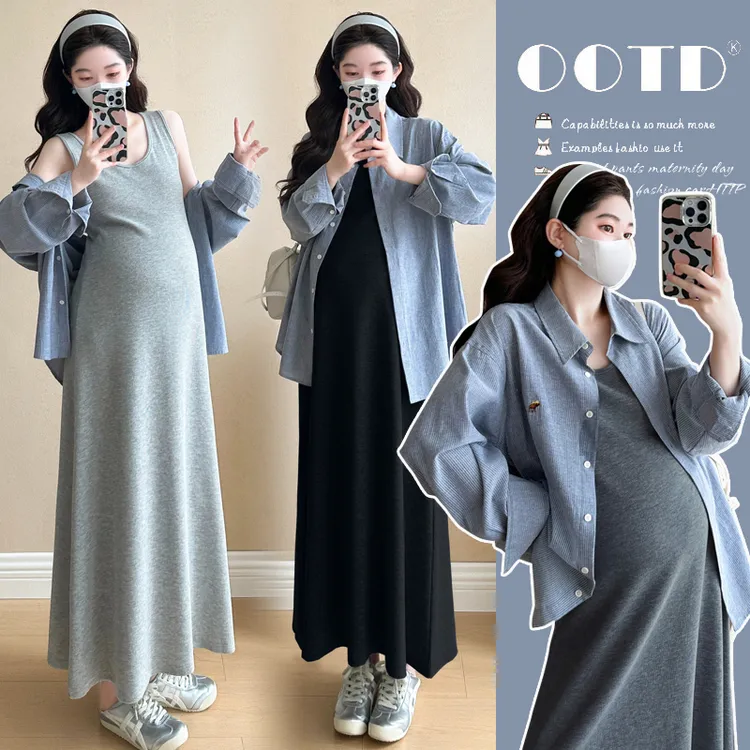 实拍现货 孕妇秋装套装2025新款宽松大码背心裙+衬衣