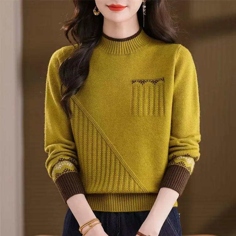 半高领毛衣女秋冬季妈妈针织打底衫2025新款提花洋气加厚内搭上衣