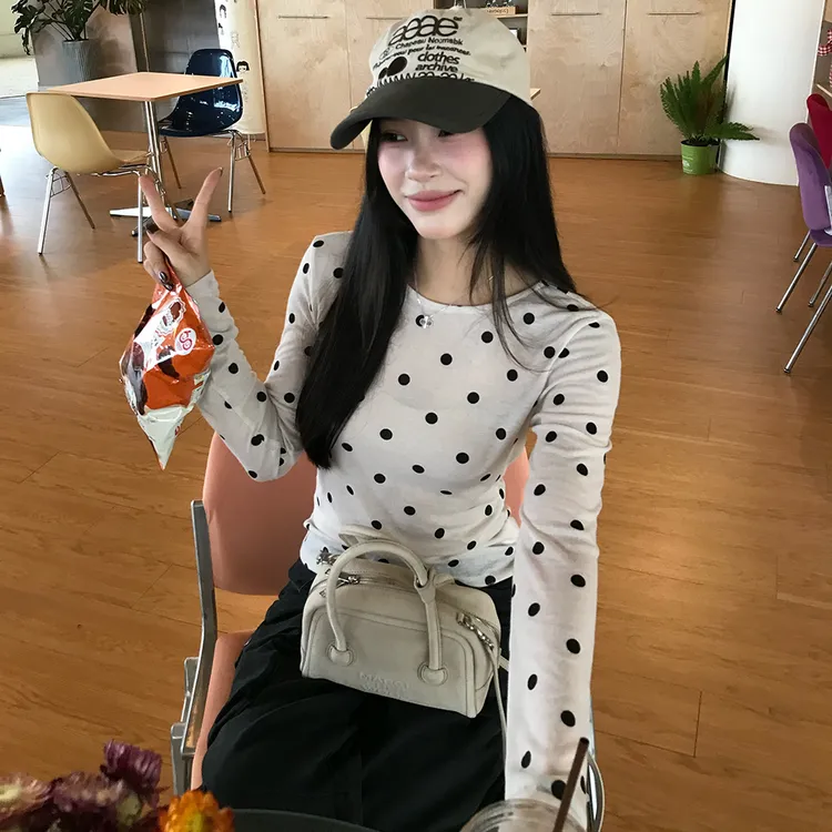 番茄妹妹Tomatosister 小众韩系圆领长袖波点上衣女百搭内搭T恤