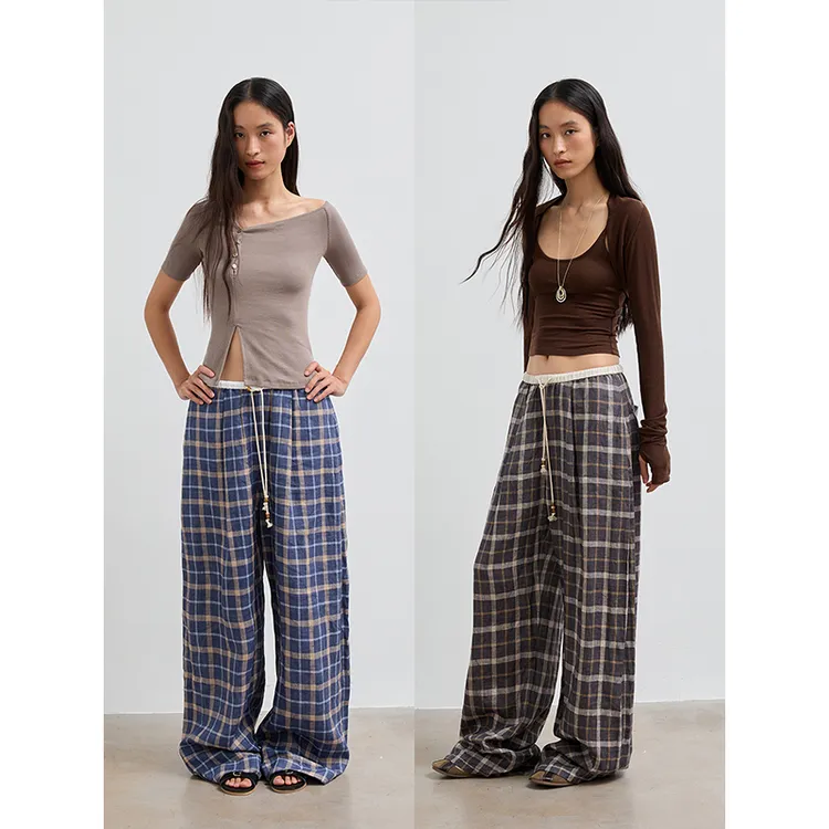 TDDP 1oo%亚麻格子休闲裤女2025新款夏季宽松显瘦垂感格纹长裤子