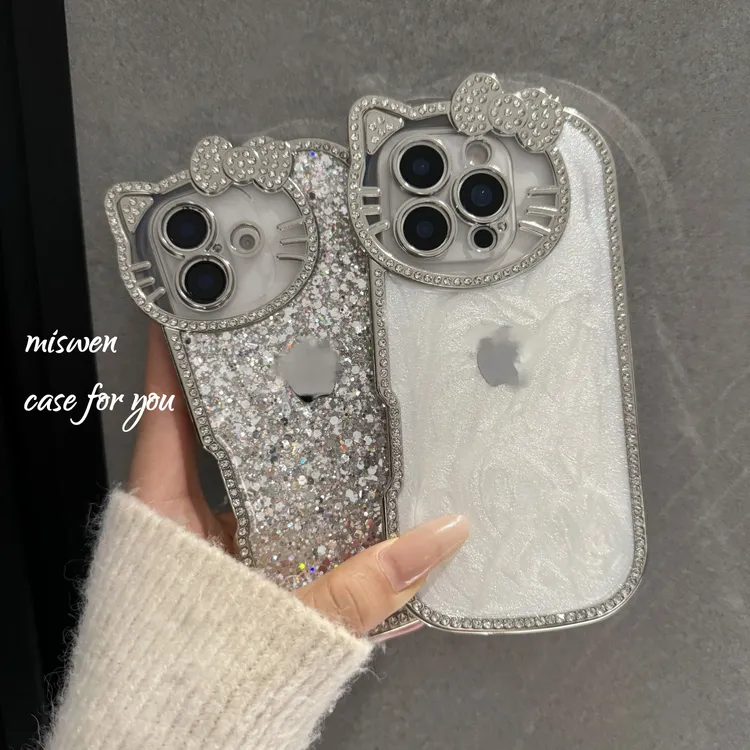 奶油白水钻猫咪镜头适用苹果16promax手机壳iphone15镶钻14女款13