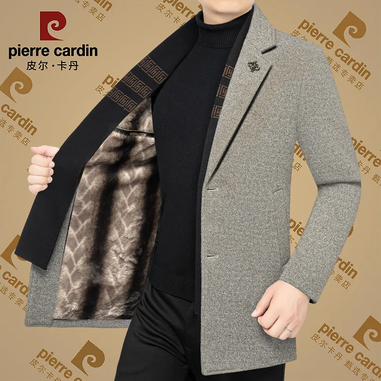 皮尔卡丹冬季高档男士休闲毛呢大衣加绒围巾领呢子外套时尚男装