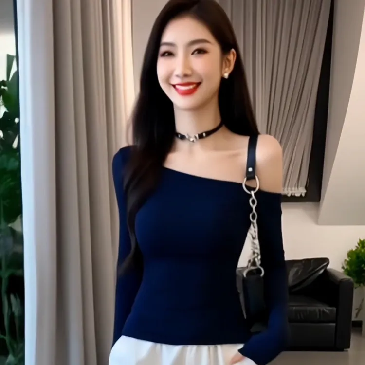 藏蓝色显白斜肩性感纯欲露肩长袖T恤女春秋辣妹褶皱掐腰打底上衣
