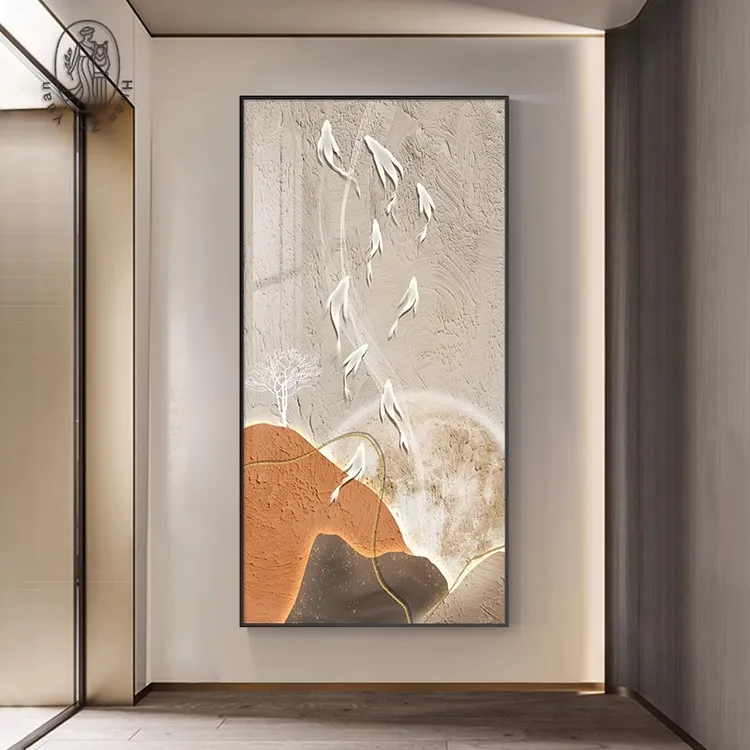 九鱼图玄关装饰画现代简约走廊过道挂画侘寂风入户门竖款装饰壁画