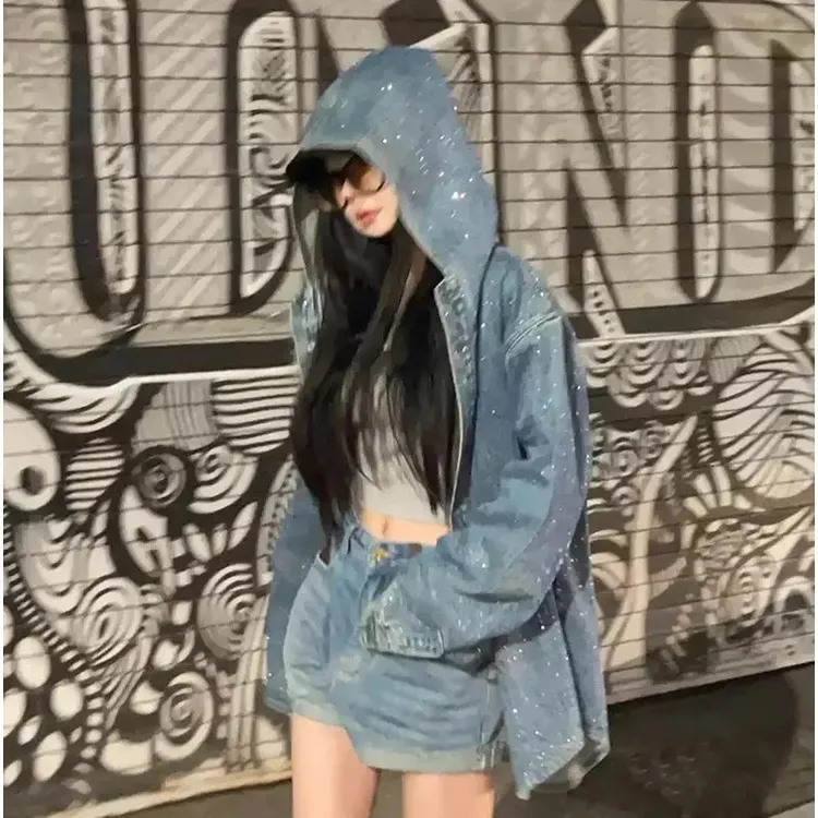 美式复古重工闪闪烫钻牛仔外套女2025秋季新款韩版设计感连帽夹克