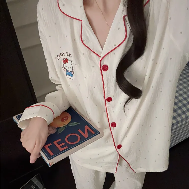 睡衣女春秋季云朵棉长袖大码冬天2025新款圆点kt猫开衫家居服套装