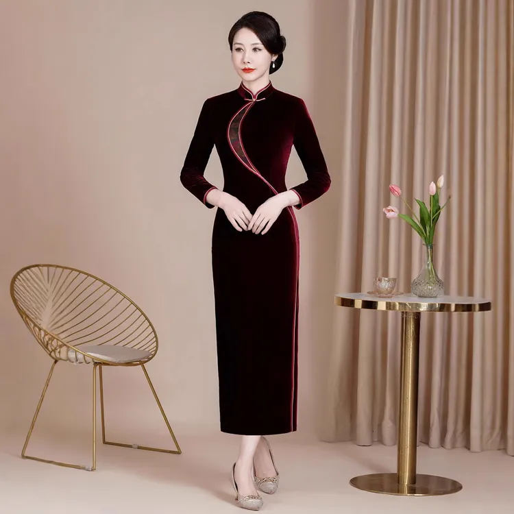 高端新款改良丝绒妈妈礼服大码长款旗袍连衣裙代发显瘦中国风气质