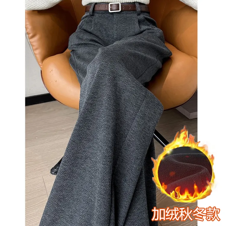 加绒人字纹毛呢西装裤女2025秋冬新款高腰直筒休闲垂感窄版阔腿裤