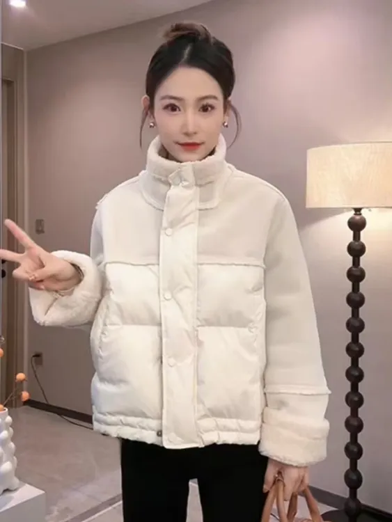 短款立领小个子拼接羊羔毛时尚女冬季新款欧货宽松潮流时髦外套