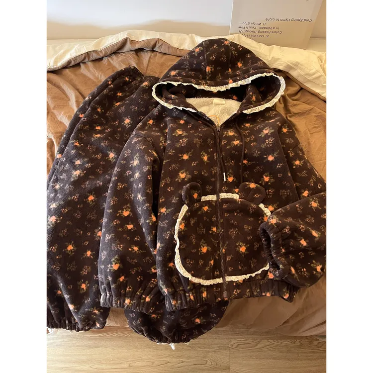 可爱小熊花边开衫连帽外套珊瑚绒睡衣女秋冬加厚毛茸茸家居服套装