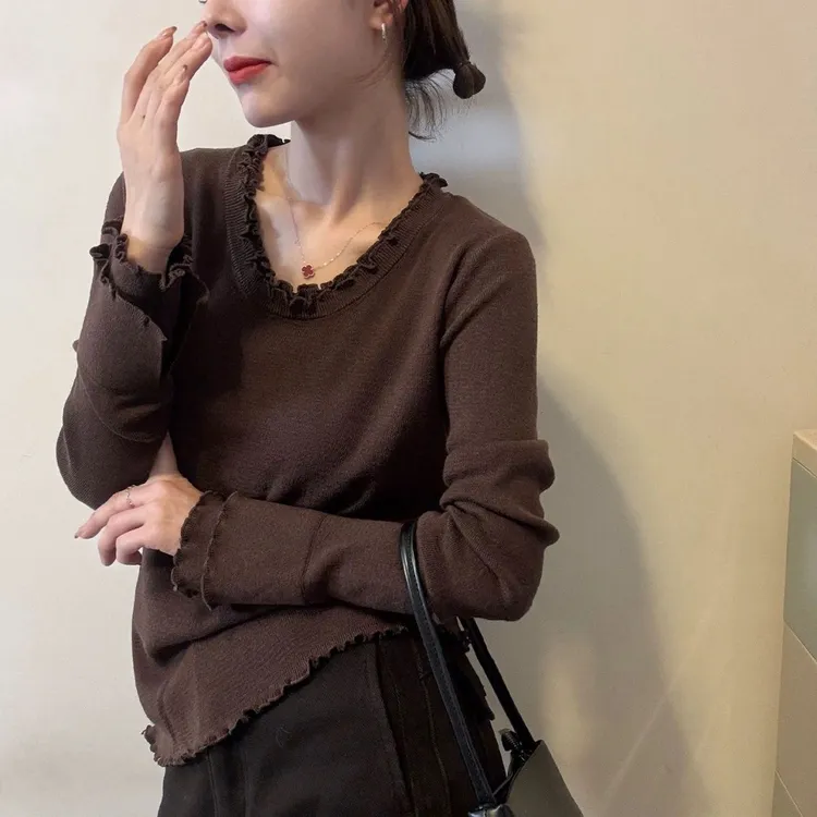 【80-180斤】木耳边U领设计针织衫上衣女秋冬高品质软糯内搭打底衫