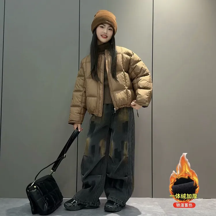 女童冬季新款洋气时尚棉服外套潮酷个性加绒牛仔裤两件套