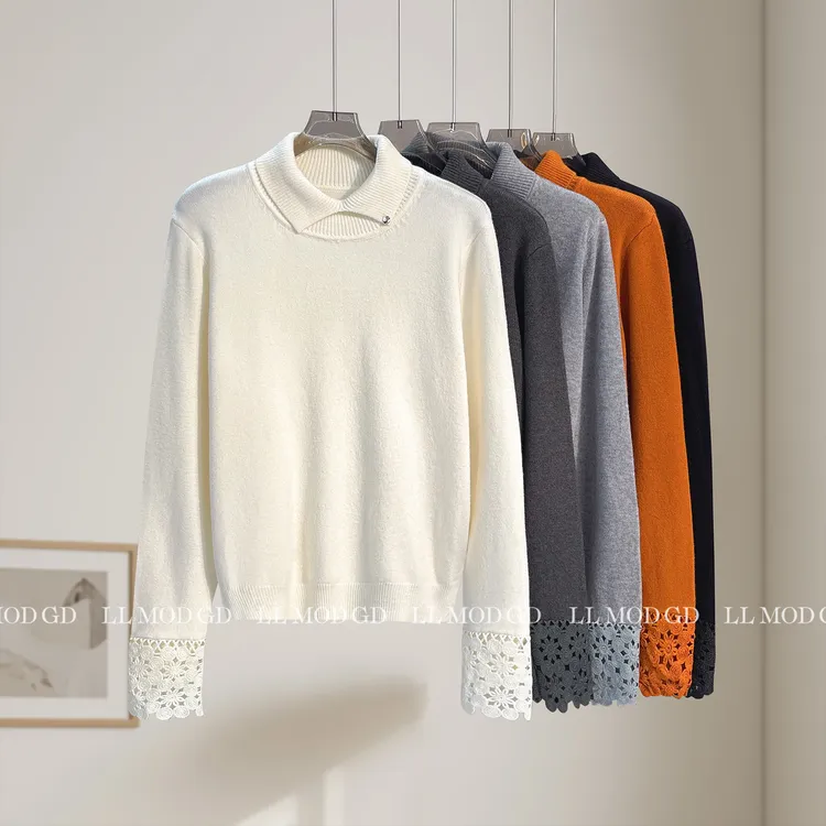 蕾丝写意 蕾丝拼接翻领气质时尚洋气绵羊毛针织上衣YL-6200848