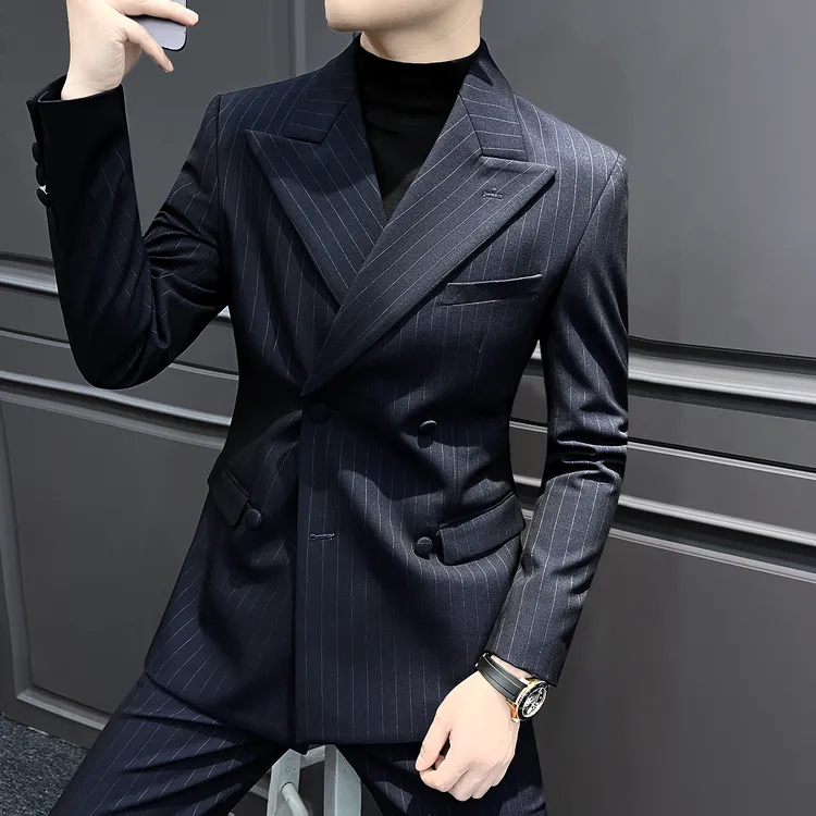 戗驳领休闲西装外套男款条纹双排扣英伦雅痞风男装男士小西服套装