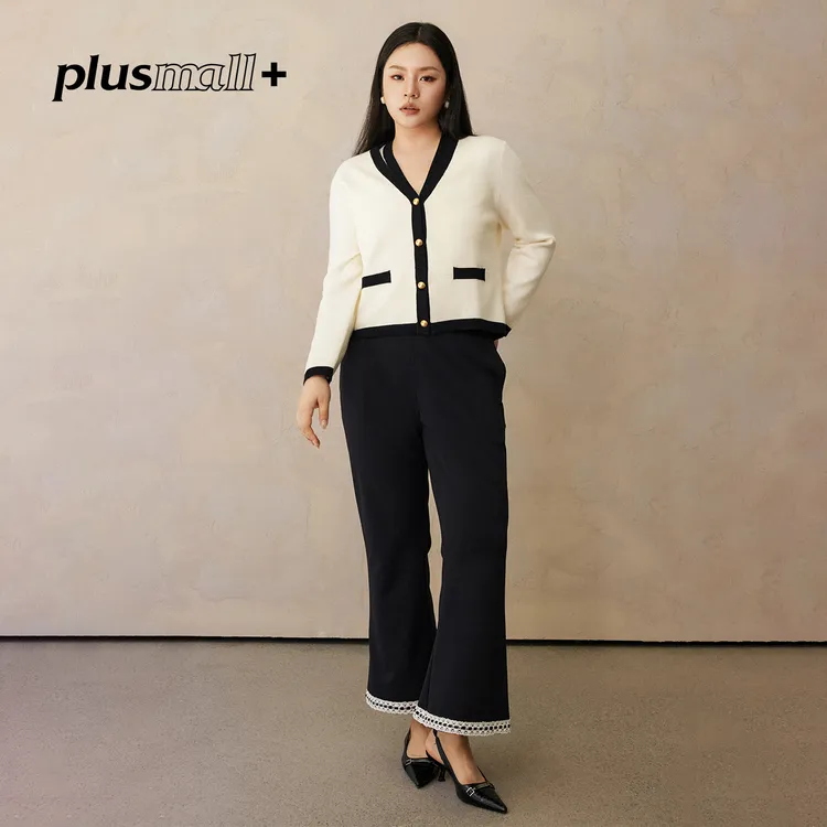 PLUSMALL 香颂学院套装 小香风毛织两件套+花边微喇裤PM2508133