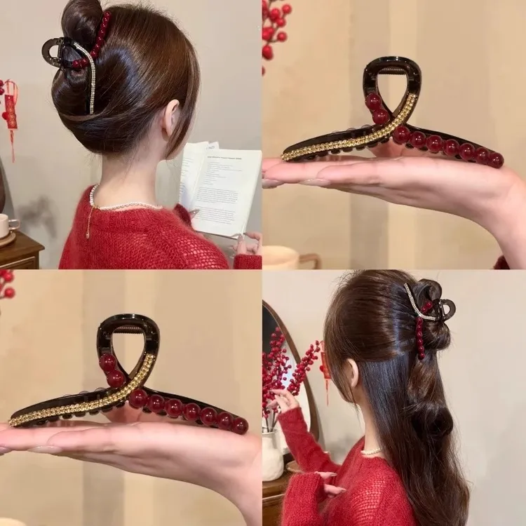 新年抓夹气质安哥拉红色鲨鱼夹轻奢珠珠新娘优雅发夹女后脑勺头饰