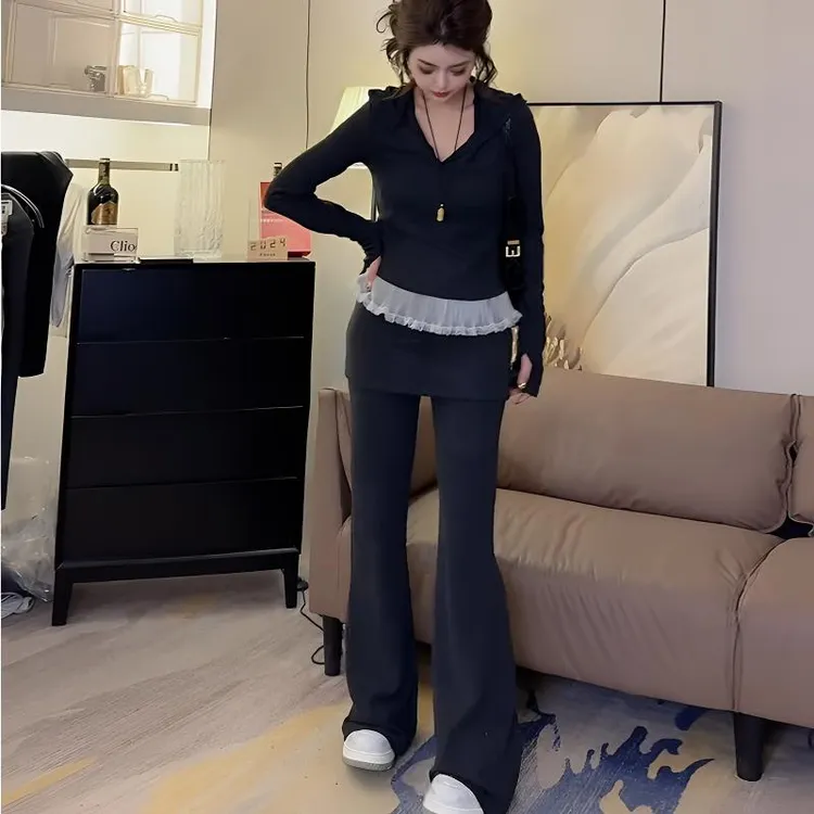 欧货时尚修身套装2025春季新款休闲长裤长袖帽衫运动显瘦阔腿秋季