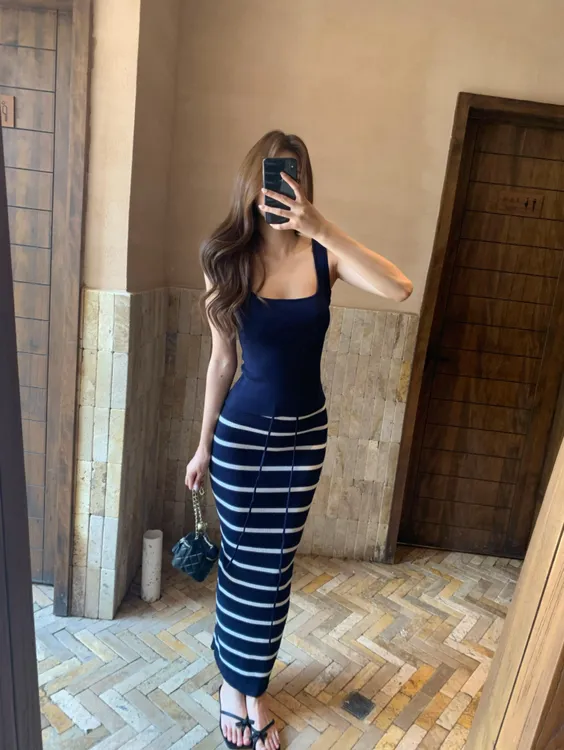 法式纯欲风套装女夏季辣妹气质吊带背心高腰条纹撞色半身裙两件套