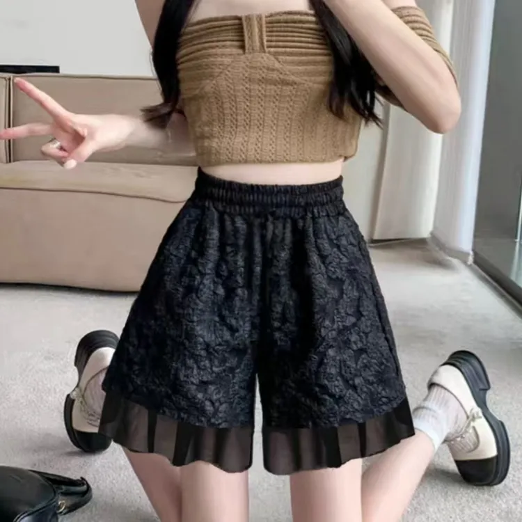 胖mm大码夏装新款高腰显瘦时尚雪纺拼接松紧腰阔腿休闲短裤女