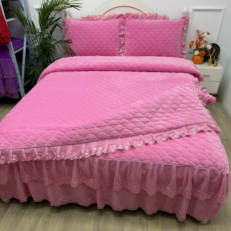 新款水晶绒宝宝绒夹棉床裙款四件套双面加绒加厚被套床上用品