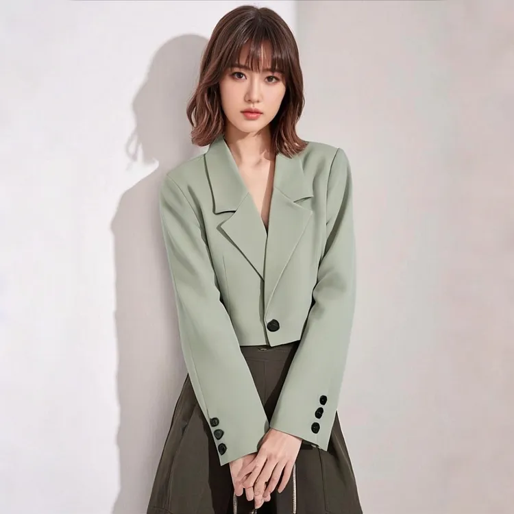 小个子高级设计感百搭西服外套春秋气质短款时尚休闲绿色复古小众