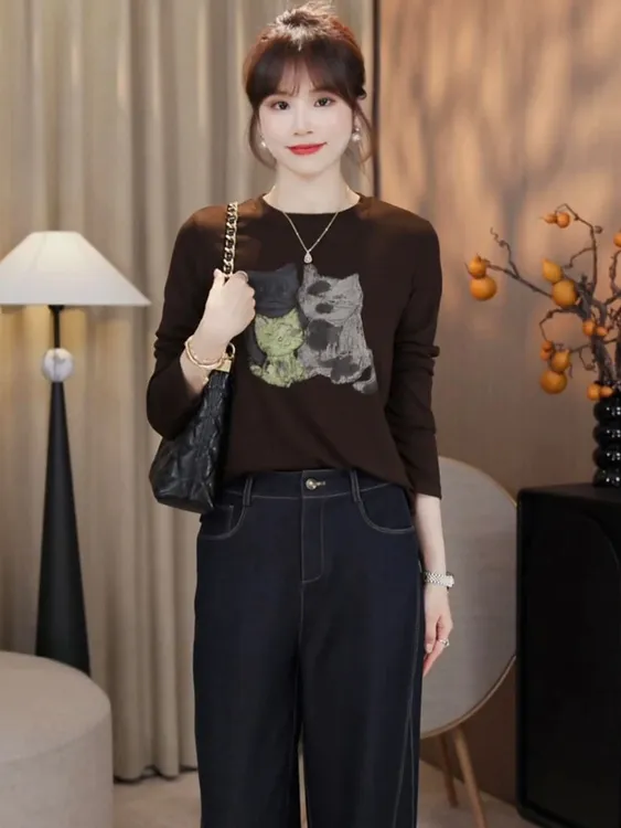 纯棉高端气质圆领T恤长袖纯色猫咪印花外搭初春2025减龄上衣服潮