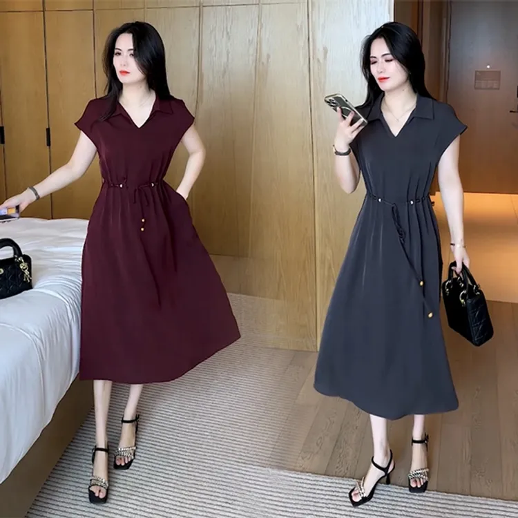 2025夏季短袖连衣裙新款收腰显瘦洋气时尚A字裙遮肚子百搭裙子女