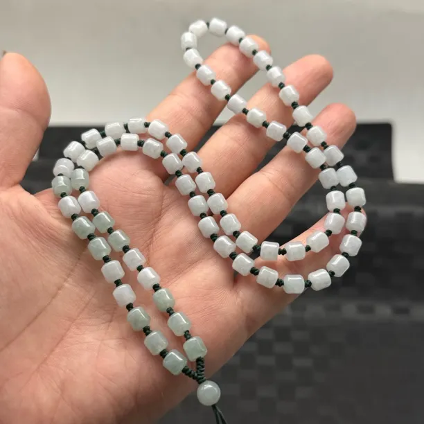 天然缅甸翡翠a货糯冰种白月光晴绿桶珠6mm颈饰玉坠挂绳老型万能链