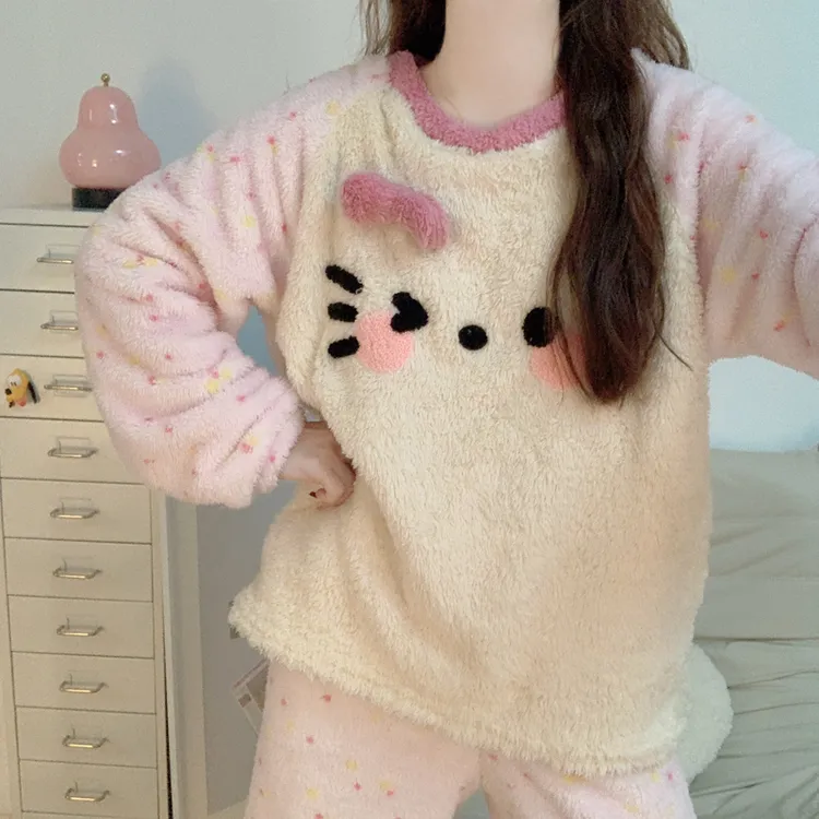 【加绒加厚】珊瑚绒睡衣女款秋冬季可爱粉猫咪法兰绒保暖家居服套装
