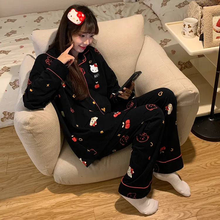 HelloKitty凯蒂猫纯棉长袖睡衣女士春秋季新款卡通可爱家居服套装